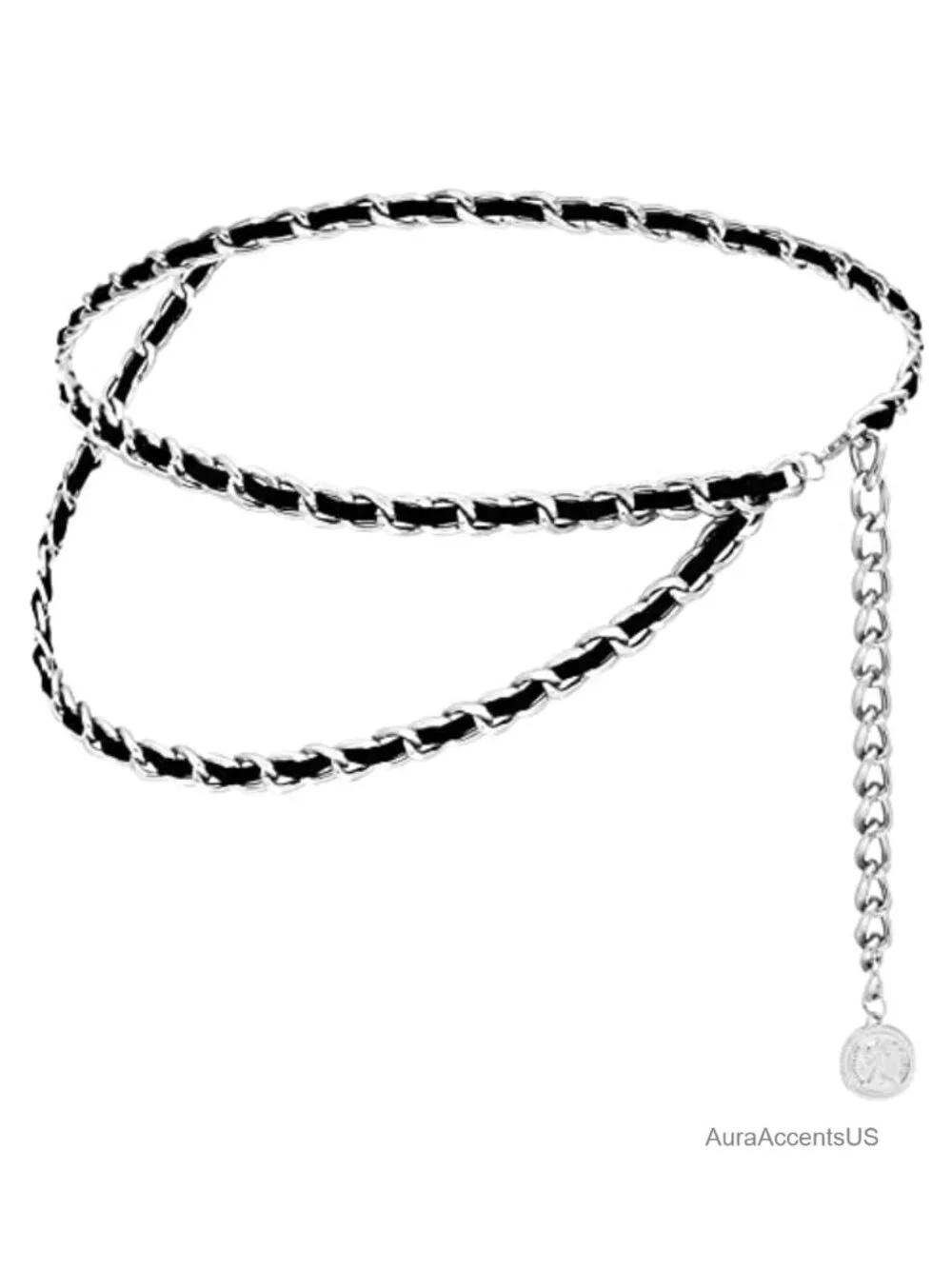 Layered Metal Waist Chain Leather Belt for Women